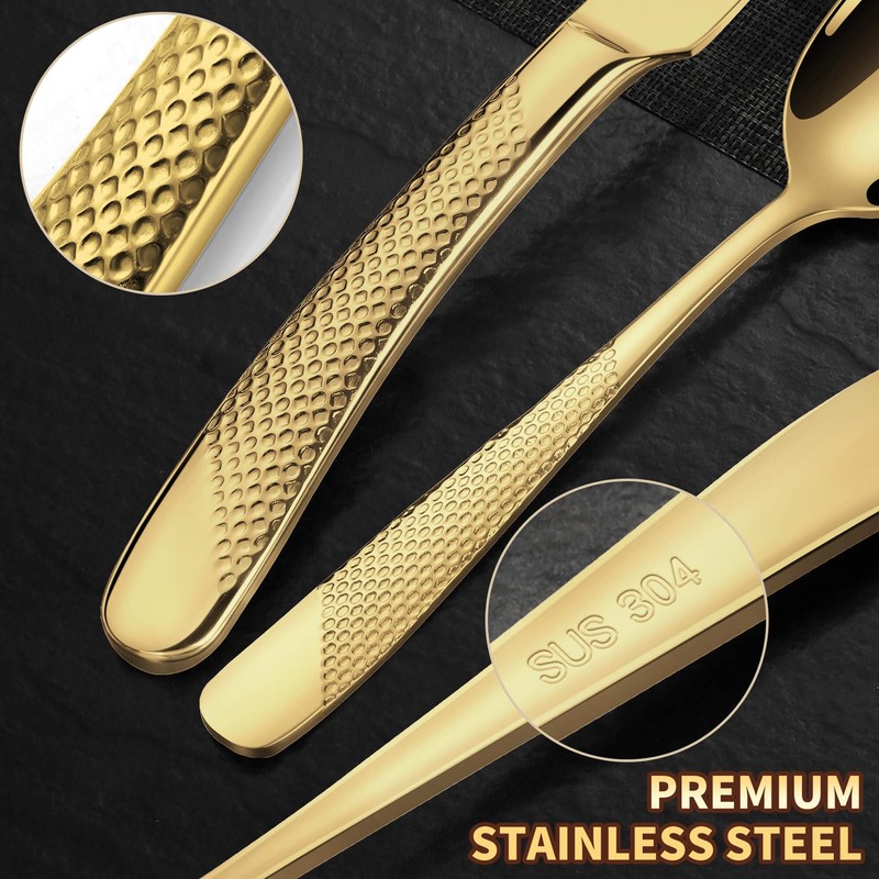 Lemeya 20-Piece Hammered Gold Silverware Set for 4 with Serrated