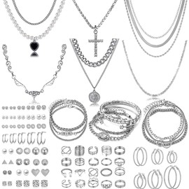 CONGYING 116 Pcs Silver Jewelry Set with 7Pcs Layered Necklace, 11 Pcs Bracelet and 22pcs Hoop Earrings,22pcs Knuckle Rings,54pcs stud earrings Jewerly set For Women Valentine Friendship Gifts