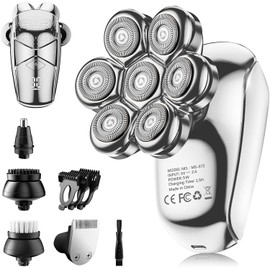 SHPAVVER Detachable Head Shavers, SHPAVVER 5 in 1 Electric Razor IPX7 Waterproof for Bald Men, Wet Dry LED Display Rechargeable 7D Rotary Shaver Grooming Kit with Type C Charge ABright Silver