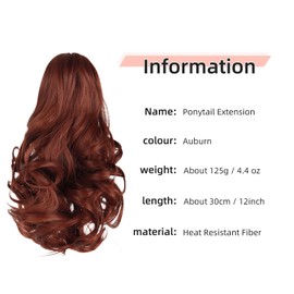 HEWEICSY Ponytail Extension, Clip on Ponytails for Women, 12" Claw Clip in Short Curly Wavy Pony Hair Extension for Women - Auburn