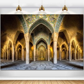HANSHUAI Islam Mosque Backdrop Traditional Religious Building Photography Background Columns with Arches Islamic Religious Belief Wedding Birthday Decor Banner Photo Booth Studio Props 7x5ft FU03DX