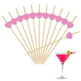 300 PCS Pink Heart Bamboo Cocktail Picks for Drinks, 4.7" Long Cocktail Toothpicks for Appetizers, Decorative Fruit Skewers for Party Wedding Valentines Galentines Day Birthday Bar Food Garnish