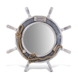 CoTa Global Silver Sea Beach Wall Decor Nautical Ship Wheel Mirror - Handcrafted Wooden Ship Wheel Mirror with Hanger, Nautical Themed Home Decor, Decorative Ornament