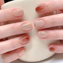 Fall Press on Nails Short False Nails Square with Silver Glitter Lines Designs Glossy Glue on Nails Brown Gradient Nude Fake Nails Autumn Acrylic Stick on Nails for Women 24Pcs