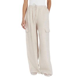 Xiaoxuemeng Womens Cotton Linen Wide Leg Pants Casual Elastic Waisted Cargo Pants with Pockets (Beige-M)