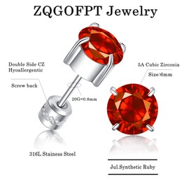 ZQGOFPT Titanium Screw Back Surgical Stainless Steel Stud Earrings for Women Men,Birthstone Stud Earrings Hypoallergenic Double Side 5A Cubic Zirconia Studs Jewelry 6mm (July(Orange))