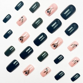 24Pcs Square Press on Nails Short Medium Fake Nails Reusable False Nails Kit Spring Summer Green Leaf Nail Art Design Acrylic Nails Press ons Full Cover Stick on Nails for Women Artificial Nails