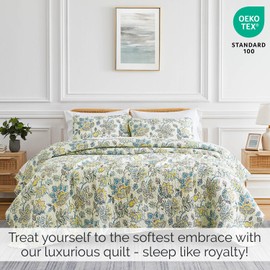 Southshore Fine Living, Inc. XL Twin Quilt, Paisley Bedding Set, Quilted Boho Bedspread, Twin Size, Twin/Twin XL Quilt Coverlet with Matching Sham, Blue & Yellow On Cream