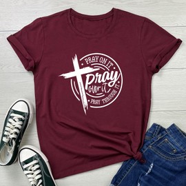 LOOKFACE Womens Pray Graphic Tees Cute Tops Wine Red Medium