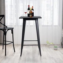 Glitzhome 41.50" H Modern Style High Heavy-Duty Metal Black Steel Square Bar Table with Solid Elm Wood Top Sturdy Frame Bistro Pub Table