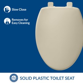 Bemis 7300SLEC Slow Close Toilet Seat, Easy Clean Hinges and Durable Plastic Seat, Made in USA, Elongated, Bone