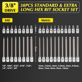 EMENTOL 38PCS 3/8" Drive Hex Bit Socket Set, CR-V, S2 Steel, SAE/Metric, Extra Long Ball-End and Standard Allen Hex Bit Socket Set, 1/8 Inch - 3/8 Inch, 3mm - 10mm