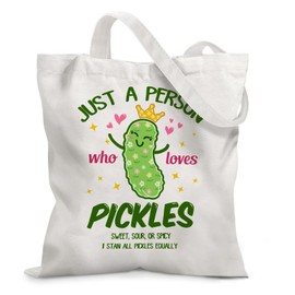 Ialtsidws Funny Pickle Tote Bag - Just A Person Who Loves Pickles Print Reusable Canvas Grocery Bag with Magnetic Snap Closure & Zipper Inner Pocket, Gift for Pickle Lovers Women