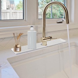 Kitchen Sink Splash Guard- 15.6''x 3.9''Diatomite Splash Guard for Sink,Quick-Drying Water Absorbing Stone Tray for Kitchen and Bathroom,With Sandpaper and Bottom pads(White)