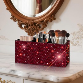 Bling Makeup Brush Holder Organizer, 3 Slot Sparkle Cosmetics Brushes Storage Holders with Shiny Rhinestones, Glitter Cute Pen and Pencil Holder for Desk, Eyeliners Display Case for Vanity (Wine red)