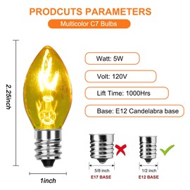 Bokoiuu C7 Multicolor Christmas Replacement Bulbs, 25 Pack Vintage Outdoor Light Bulbs for Christmas Wedding Backyards Patio Decor, E12 Candelabra Base-5 Watt Bulb