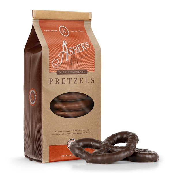 Asher's Chocolates, Chocolate Covered Pretzels, Gourmet Sweet and Salty Candy, Small Batches of Kosher Chocolate, Family Owned Since 1892, (6.5oz, Dark Chocolate)