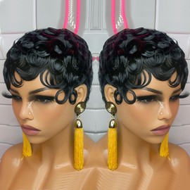 YJOQOKOA Short Curly Wigs for Black Women Human Hair Wigs Short Pixie Cut Wig Black Hair Wig Pixie Cut Curly Wig with Bangs Short Pixie Wigs for women Curly Wigs Black Non Lace Front Glueless Wigs