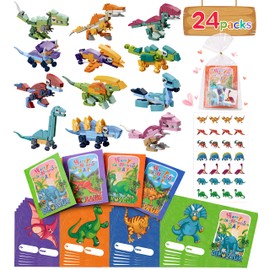 Colplay 24 Packs Valentines Day Gifts for Kids Classroom-Dinosaur Building Blocks with Valentines Day Cards for Kids School & Stickers, Exchange Valentines Party Favors Boxes for Boys Girls