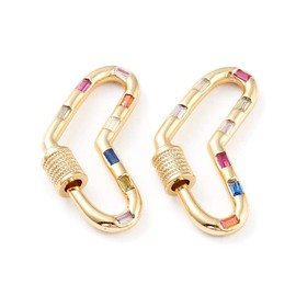 Kissitty 5pcs Brass Micro Pave Cubic Zirconia Lock Charms Real 18K Gold Plated Heart Colorful Screw Carabiner Locking Clasp Hook Closure for Keychain Clip Hook Necklace Bracelet Jewelry Making