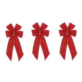 Red Velvet Outdoor Christmas Bows by Independence Bunting. 3 Pack! 4 Loop - 7" Bow & 11" Tail. Gold Metallic Wired Purl Edge with Fancy Gold Smocking Design. Made in USA Available.