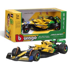 BBURAGO McLaren MCL38 Monaco GP 2024 Livrea Senna Scala 1:43, Replica Diecast Dettagliata Assortimento Casuale Norris o Piastri, Edizione Tributo Ayrton Senna