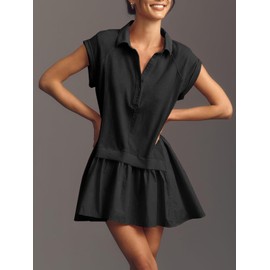 Fisoew Womens Summer Sweatshirt Dresses Short Sleeve V Neck Casual Oversized Patchwork Mini Dress Black