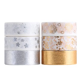 WIICOYK Masking Tape, White, Fashionable, Gold Foil Stamping, Cute, Floral Pattern, For Gift Packaging, DIY Crafts, Notebook Decoration, 0.6 inch (15 mm) Wide, 6 Rolls / 12 Rolls Set (Gold Foil +