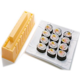 Circular Sushi Maker Kit, Easy Sushi Making DIY Mold for Homemade Nigiri, Maki Rolls, Reusable Non-Stick Nigiri Tool for Beginners & Experts, Includes Rice Press, Rolling Mat, Shape Cutter (YE)