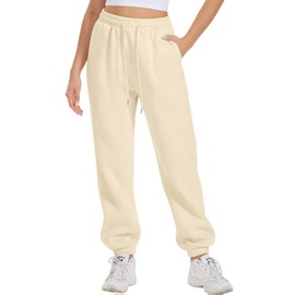 ATHMILE Yoga Pants with Pockets for Women Sweatpants Joggers Fleece Lined Baggy Work Lounge Snow High Waisted Fall Fashion Beige