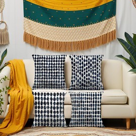 Polka Dot Pillow Covers 18x18 Set of 4 – Navy Blue & Cream Boho Throw Pillow Covers with Brush Stroke Design, Decorative Square Outdoor/Indoor Polyester Pillow Cases for Sofa, Couch, Bed