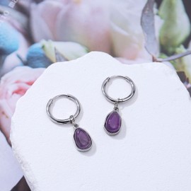 My Favorite Drawer Purple Amethyst Dangle Earrings for Women Gold Silver Plated Dainty Teardrop Gemstone Dangling Earrings Huggie Hoop Crystal Stone Drop Earrings for Women Girls (Silver-Purple Amethyst)