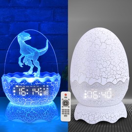 NNDHYA Dinosaur Egg Kids Clock | Alarm Clock | Colors Night Light | Lullaby Sound Machine |Bluetooth Speaker, Remote Control Cool Dinosaur Decoration & Unique Gift for Kids/Boys/Girls, White, ZQY002