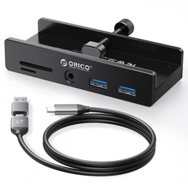 ORICO USB Hub 3.0, Clamp USB Hub with Extra Power Port, Aluminum USB C Adapter with 2 USB-A Data Ports,3.5mm AUX, SD/TF Card Reader for Desktop(Black)