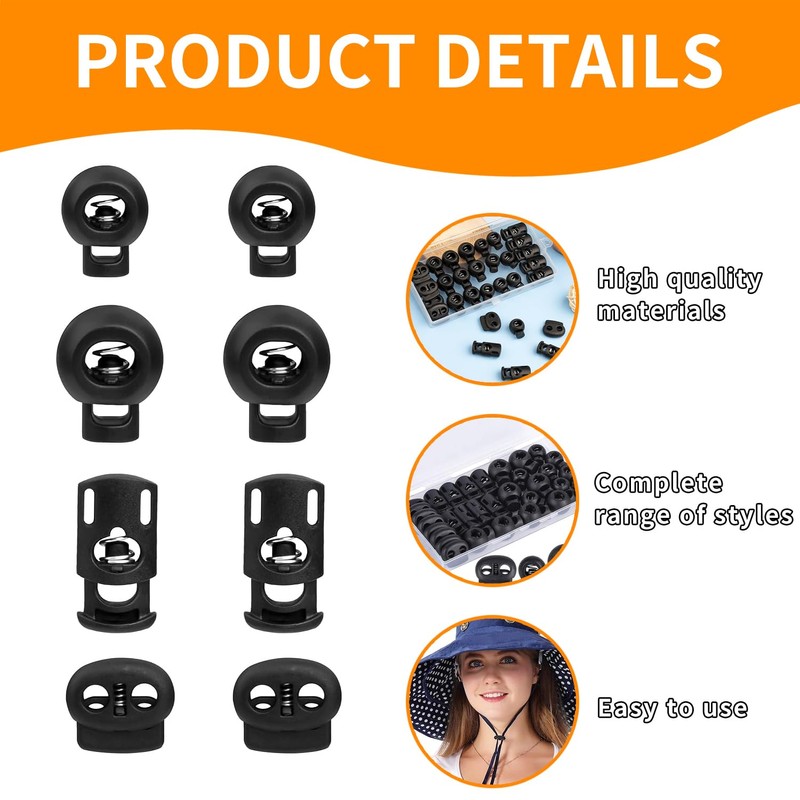 32-Piece Heavy Duty Spring-Loaded Cord Locks with Single/Double Holes for