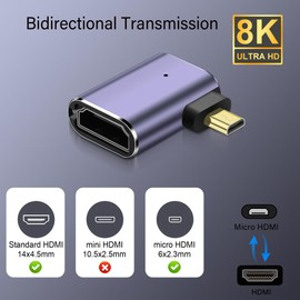 PNGKNYOCN 8K Micro HDMI to HDMI Adapter,2-Pack 90 Degree Right Angle Micro HDMI Male to HDMI 2.1 Female Bidirectional Connector Converter Support 8K@60Hz HDTV (Right Bend)