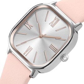 Bisley Silver Square Watch for Women Pink Leather Strap Easy to Read Waterproof Watch