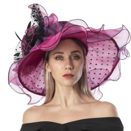 Women's Organza Church Hat Bridal Tea Party Wedding Tea Party Sun Hat with Detachable hat Flower as Headgear Rose Red