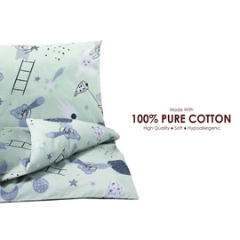 Hajran Linen 100% Pure Cotton 2 Pcs Baby Cot Duvet/Quilt Cover Set | 1 Duvet/Quilt Cover (120 x 90 cm) & 1 Pillowcase (40 x 60 cm) | Breathable, Soft, Comfy, Anti-allergic (Grey Teddy & Moon)