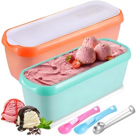 Pack of 2 Ice Cream Containers for Ice Cream with 3 Spoons, 1.5 L Ice Cream Container with Lid, Ice Container for Homemade Ice Cream, Freezer, Storage Container for Homemade Ice Cream, Sorbets
