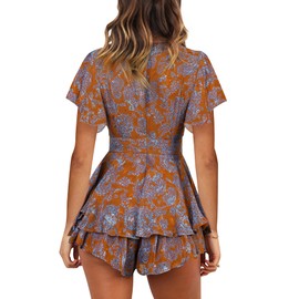 AIMCOO Women's Floral Print Deep V-Neck Romper Double Layer Ruffle Hem Jumpsuits Short Flare Sleeves Waist Tie Short Rompers