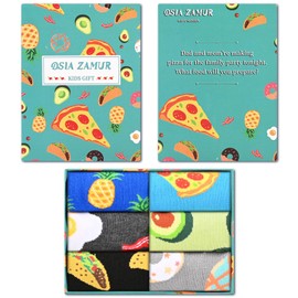 Dsia Zamur 6 Pack Novelty Food Socks + Gift Box for Kids Boys Girls, Colorful Athletic Calf Crew Socks for Children Sons Avocado Donut Taco Pizza Egg Bacon Pineapple Lovers