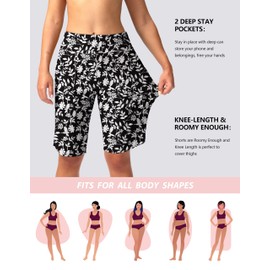 Viodia Women's 11" Long Swim Board Shorts with Pockets Modest Bathing Suit Swimsuits Knee Length Short for Women with Liner Black Flower L