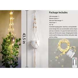 Comtelek Macrame Plant Hanger with Lights Indoor Hanging Planter Basket with Wood Beads Flower Pot Holder Handwoven Cotton Rope Tassels for Boho Home Window Decor 43.5 Inch, Ivory (POTS NOT Included)