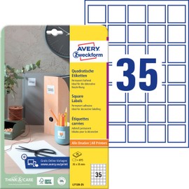 AVERY Zweckform L7120-25 Quadratische Etiketten (875 Klebeetiketten, 35x35mm auf A4, QR Code Aufkleber zum Bedrucken, selbstklebend, permanent haftende QR Code Etiketten) 25 Blatt, weiß