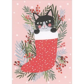 Sellers Publishing RSVP Black Cat in Red and White Polka Dot Stocking Christmas Card