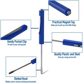 TRIMOU PKT Pocket Screwdriver with Magnet 10 Pieces Magnetic Pocket Mini Flat Head Screwdriver with Clips, Slotted Screwdriver Set for Car Technicians, Mechanics, Electricians - Blue