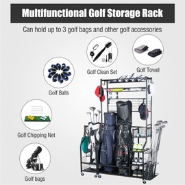 Mythinglogic Golf Bag Storage Garage Organizer, 3 Golf Bags Storage Stand and Golfing Equipment Accessories Storage Rack with 4 Removable Hooks, Extra Golf Clubs Display Design