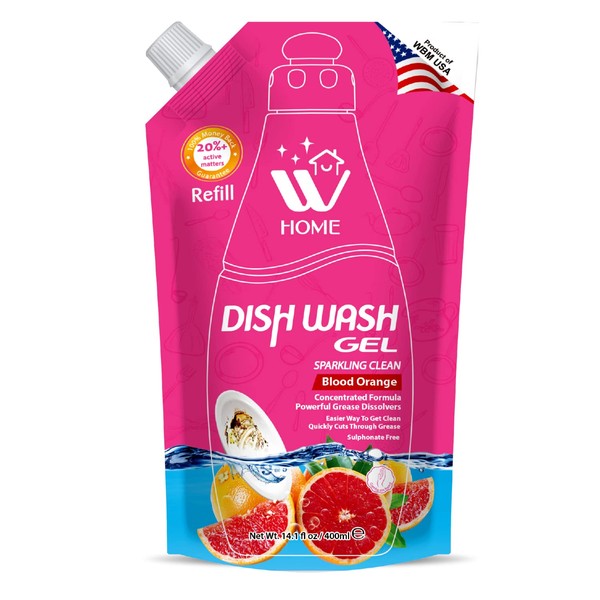 WBM Home Liquid Dish Soap Refills, Ultra Grease Fighting Power with Blood Orange Extracts, Dish Soap, 400ml