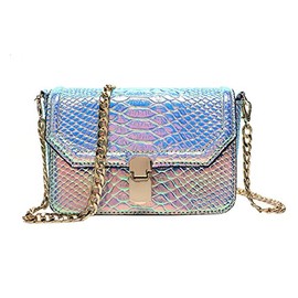 Holographic Snakeskin Crossbody Bag Shoulder Bag Women's Hologram Leather Purse (L Purple)